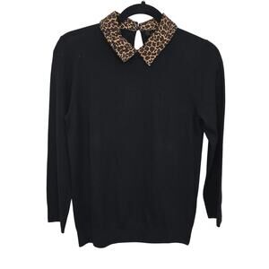 NWOT J.Crew Black Wool Sweater Sz S Leopard Print statement Collar Preppy Chic